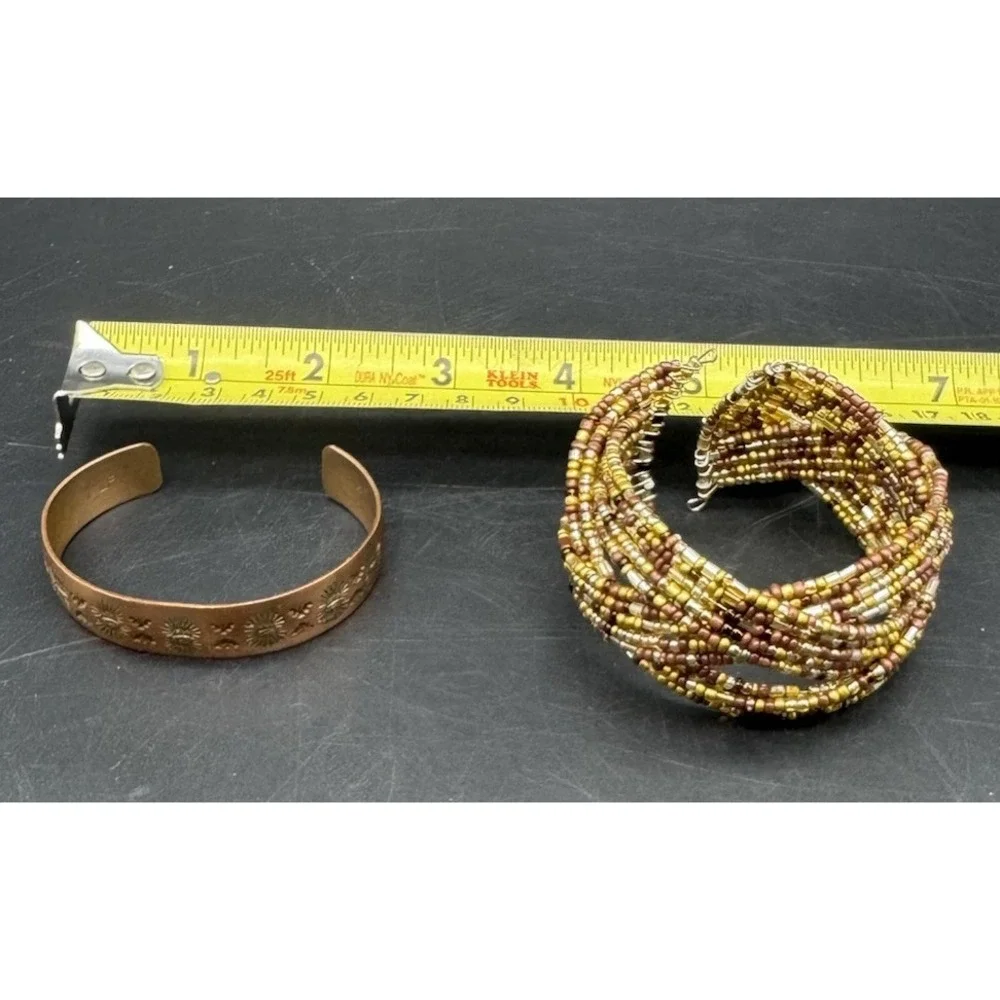 Boho Copper Cuff Bracelet + Multi Strand Seed Bead Bracelet Set Artisan Stack